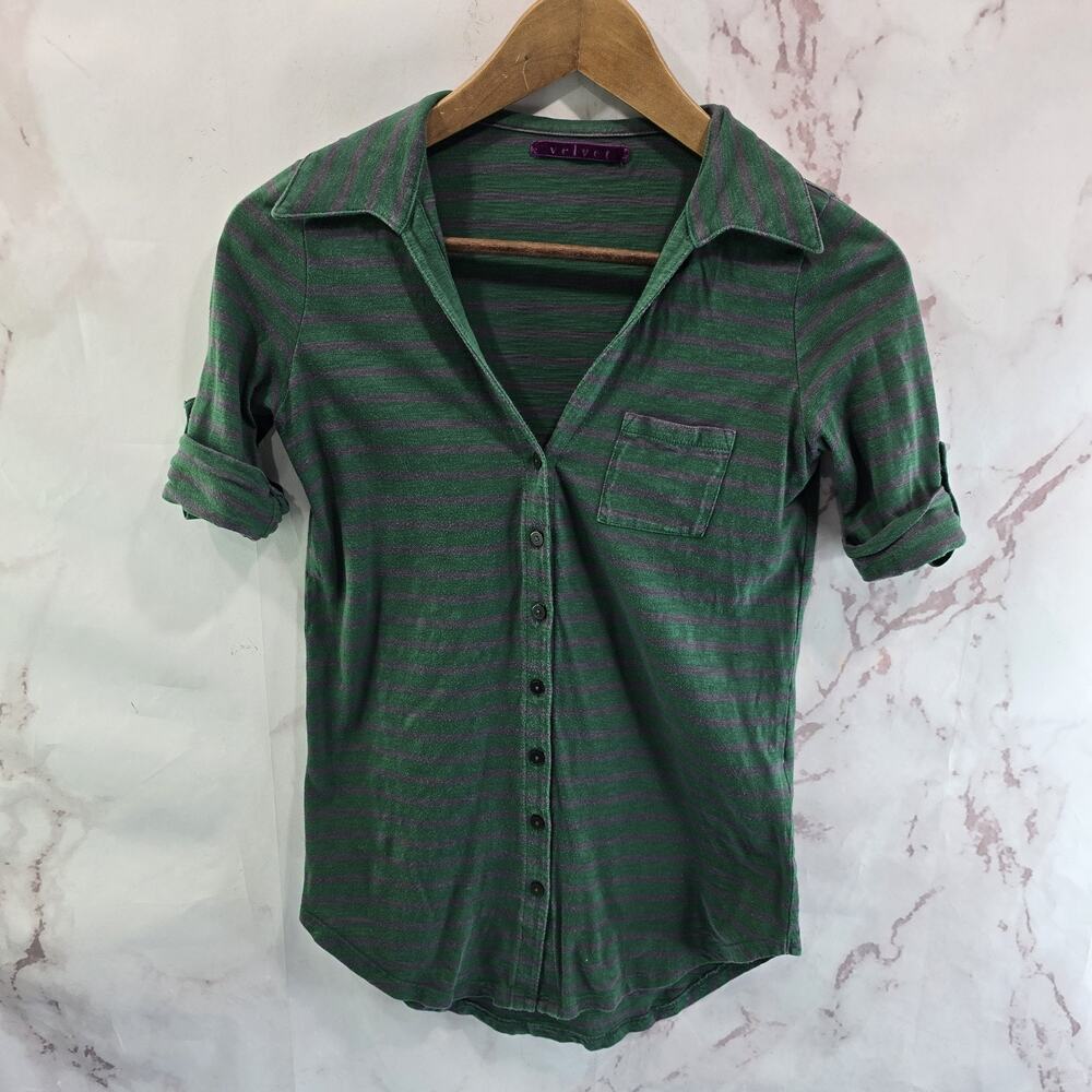 Anthropologie Green Striped Short Sleeve Button-Up Tee